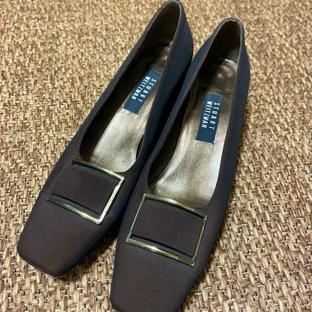 Vintage Stuart Weitzman Dark Brown Flats with Square Buckle & block heel, 11. - Picture 2 of 10